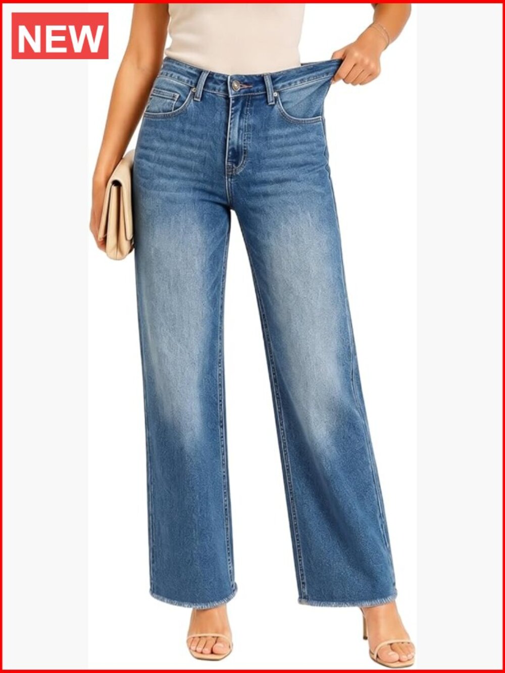 High Waisted Straight Leg Jeans with Raw Hem Stretchy Tummy Control Denim Pants